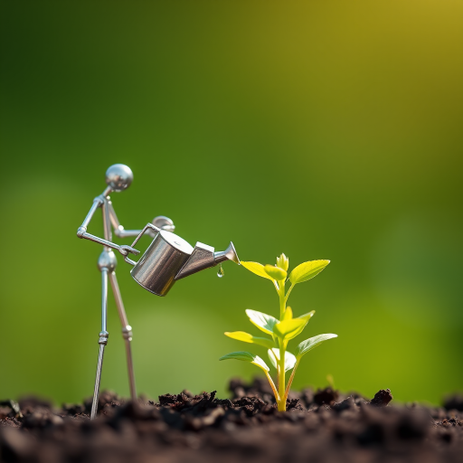 A metal figurine of a person, constructed from thin, silver rods, stands on the left side of the image, facing the viewer. The figurine is holding a small watering can and pouring water onto a young plant, with a few droplets in the air. The plant, with lush green leaves, is situated in the center, growing from dark soil. The background is a soft, out-of-focus blur of green, illuminated by warm, natural light.  The composition creates a sense of depth and intimacy. The image evokes feelings of growth, nurture, and hope.