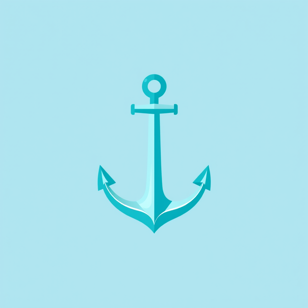 Generate a flat design logo of an anchor in turquoise color against a light blue background, using a DSLR camera with a 50mm lens, aperture set to f/2.8, ISO 100, and soft natural lighting for clarity and depth.
