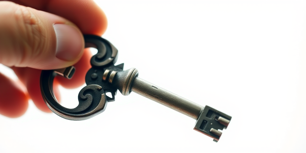 Create a high-resolution image of a vintage metal key being held by a hand, using a DSLR camera with a 50mm lens, aperture set to f/2.8, ISO 100, 1/200s shutter speed, soft natural lighting, and a shallow depth of field to emphasize the key against a blurred white background.