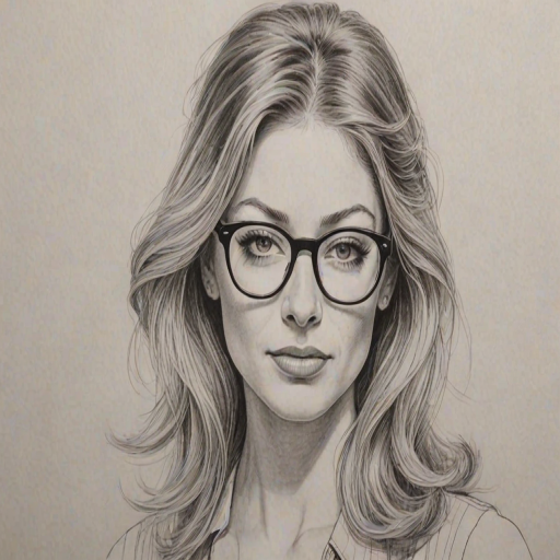 Alluring Rebecca Gayheart, pencil sketch, portrait of Splendid woman 1975s in glasses, hair style beatnik, outline, clear lines, fine lines, 8k