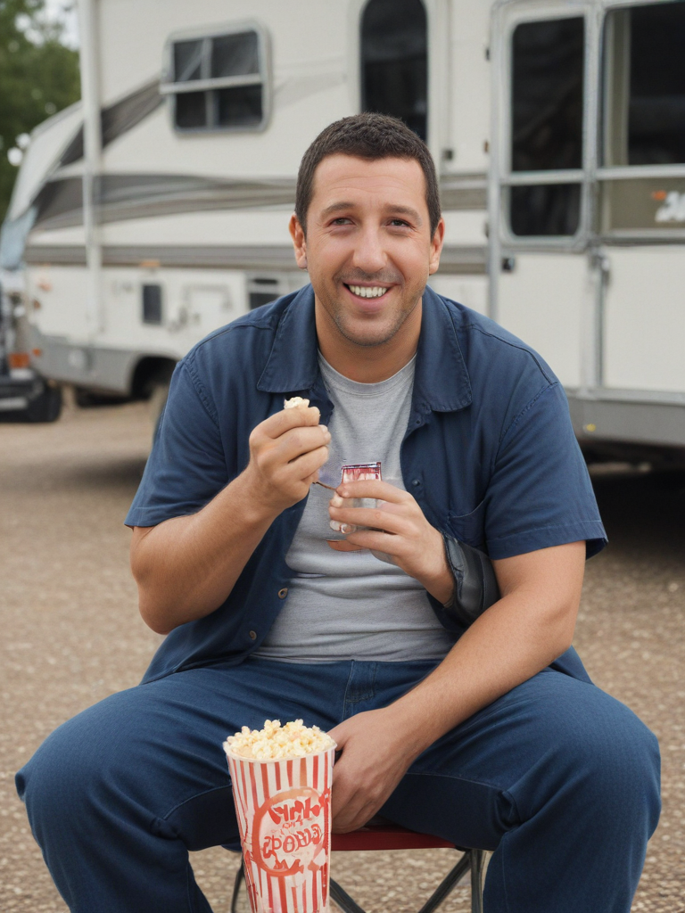 Adam sandler in an rv park eating popcorn