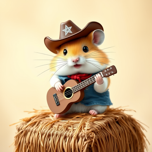 A chibi hamster, dressed as a cowboy, playing guitar, sitting on a hay bale