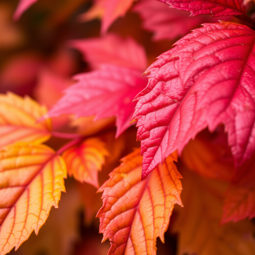 Close-up of vibrant autumn leaves with varying shades of red and green, shallow depth of field, natural light, f/2.8, 1/250s, ISO 100, 85mm lens, DSLR camera, macro photography style.