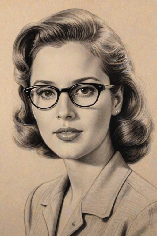 Exquisite Chevy Chase, pencil sketch, portrait of Splendid woman 1940s in glasses, hair style beatnik, outline, clear lines, fine lines, 8k