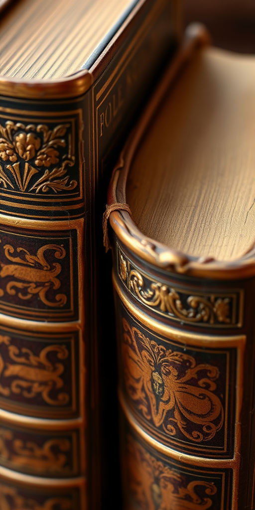 create a highly detailed close-up image of two antique books with cracked spines and ornate details, focus on texture and colors, use a DSLR camera with a 50mm lens, aperture f/1.8, ISO 100, shot in natural light with a shallow depth of field to emphasize the books and provide a blurred background