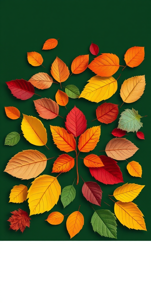Create a vibrant illustration of assorted leaves in various colors, centered on a dark green background, captured with a DSLR camera at f/8, ISO 100, 50mm lens, using natural lighting for enhanced detail and depth.