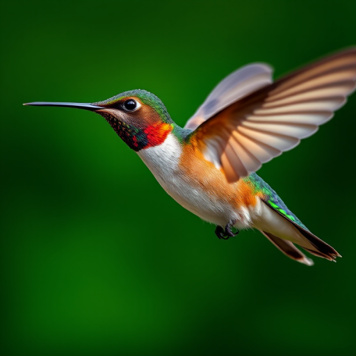 A vibrant hummingbird in mid-flight capturing its iridescent feathers, using a Canon EOS R5 with a 100mm f/2.8L macro lens, aperture set to f/2.8, shutter speed 1/2000s, ISO 400, shot from a low angle view to emphasize the bird's movement and detail against a blurred green background.