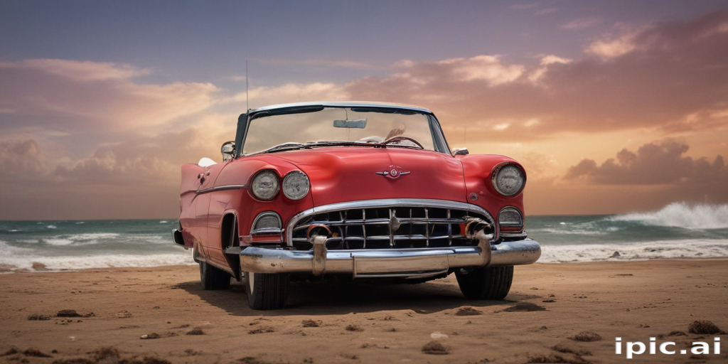 Classic Convertible Car Parked on the Beach at Sunset Against Waves