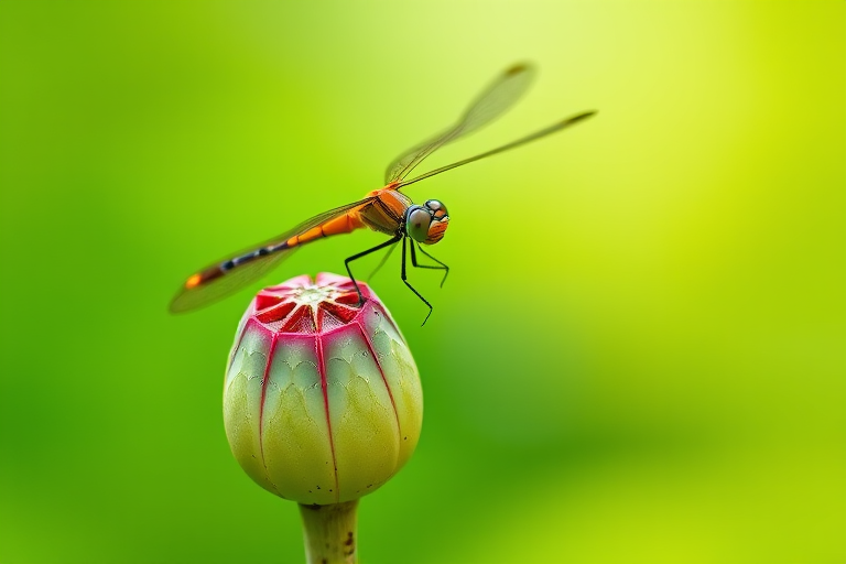 Capture a close-up of a dragonfly resting on a lotus seed pod, with a soft-focus green background, using a Canon EOS R5, 85mm f/1.2 lens, aperture set to f/2.8, ISO 100, and a shutter speed of 1/400 sec, ensuring sharp detail on the dragonfly and a smooth bokeh effect.