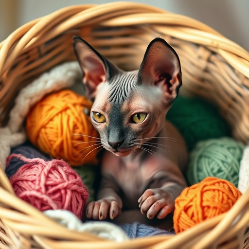 A serene portrait of a sphinx cat nestled in a cozy basket, surrounded by colorful yarn balls, with soft, diffused light capturing the relaxed demeanor and unique features of its hairless coat