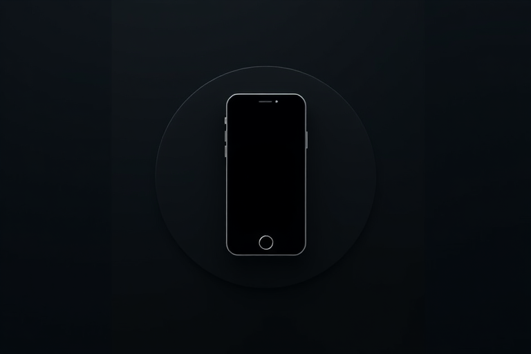 create a minimalist icon of a smartphone on a circular dark background, use a high-resolution setting, lens aperture at f/2.8, 50mm focal length, shot from a slightly elevated angle, using a DSLR camera in portrait mode