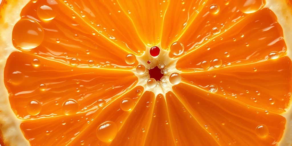 Create a high-resolution 3D rendering of a freshly sliced orange with vibrant details and realistic water droplets, using a Canon EOS R5 at f/8, ISO 100, 50mm lens, top-down view, with soft lighting and high dynamic range for enhanced color depth.