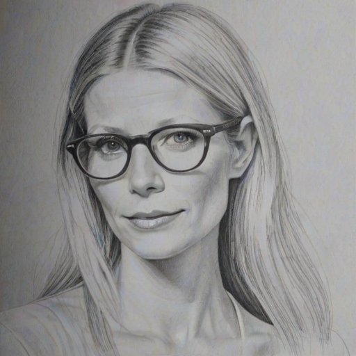 Fascinating Gwyneth Paltrow, pencil sketch, portrait of Elegant woman 1974s in glasses, hair style beatnik, outline, clear lines, fine lines, 8k