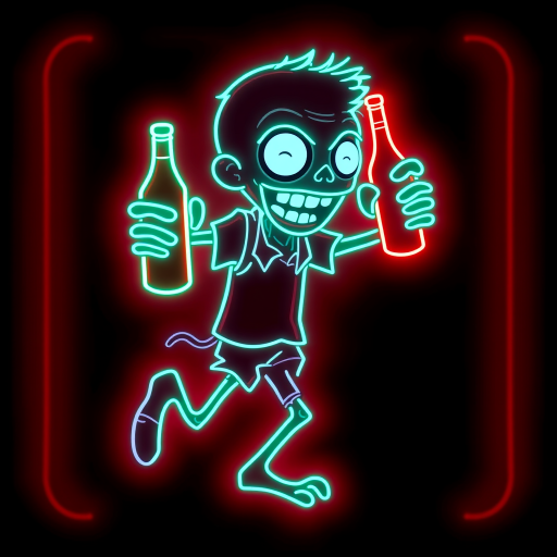 Create an image of a neon sign featuring a cartoon-style zombie in a dynamic pose, holding a bottle. The neon sign should glow in red against a dark background, making the character stand out prominently. The character should appear to be running, capturing attention with its vibrant color and action pose, perfect for advertising or decorative purposes.