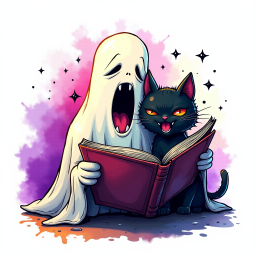 Image of a ghost and a black cat laughing exaggeratedly , and reading a comic halloween comic book, alcohol ink airbrush style, funny halloween theme, white background with neon purple, neon orange, neon green splash, black sparkles stars , dazzling BG