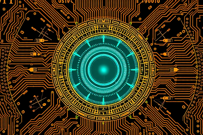 Generate an image of a circular digital design surrounded by intricate golden circuit patterns and binary code, shot with a Canon EOS 5D Mark IV, f/8 aperture, ISO 100, 50mm lens, with a focus on high detail and vibrant colors.