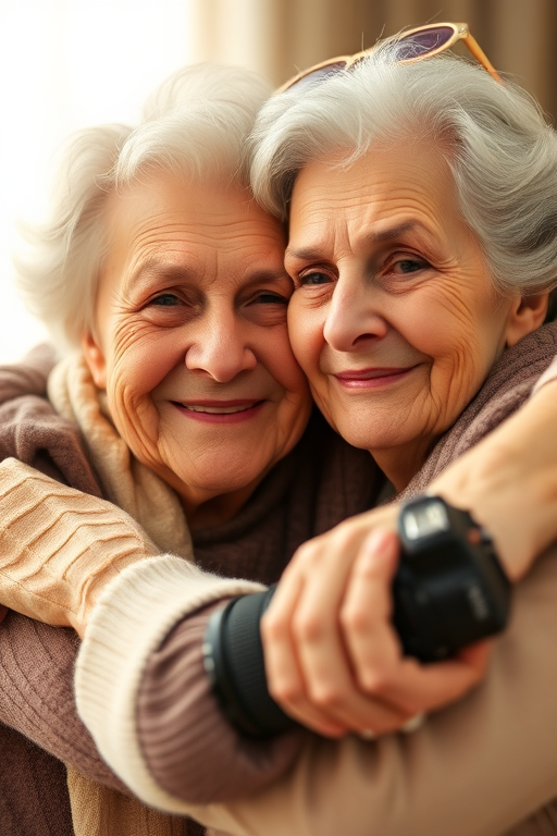 Regenerate a heartwarming close-up image of two elderly women embracing, with soft lighting, using a DSLR camera, aperture set to f/2.8 for shallow depth of field, 50mm lens for a natural view, and ISO 200 for optimal clarity in warm tones.