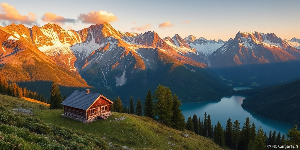 An idyllic mountain landscape with a quaint cabin and lush greenery, surrounded by towering snow-capped peaks and a serene lake, captured with a Canon EOS R5, 24mm lens, f/11, ISO 100, shot from a high vantage point at sunrise for enhanced clarity and detail.
