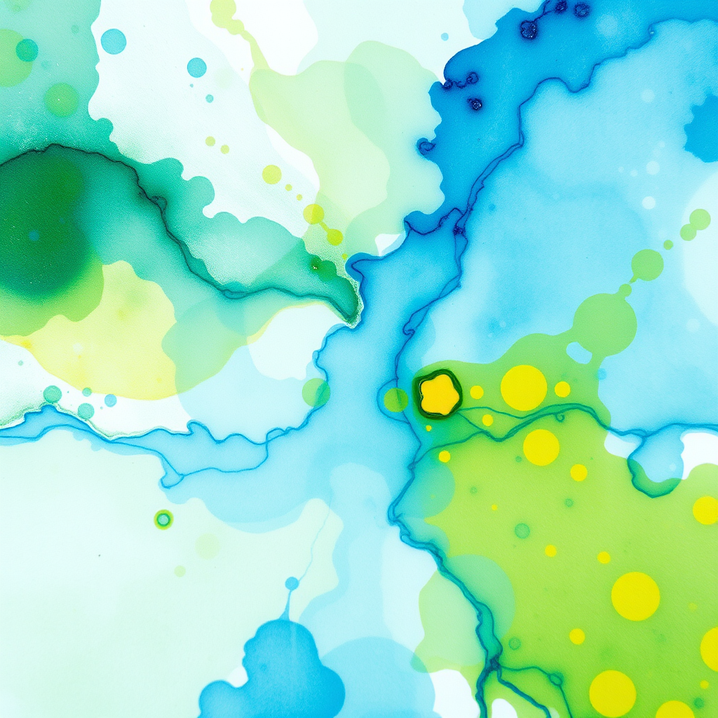 Create an abstract watercolor splash in soft blues, greens, and yellows, with a smooth blending of colors, captured in high resolution using a DSLR camera at f/2.8, ISO 100, 1/60s exposure, overhead view, with a macro lens for intricate detail.