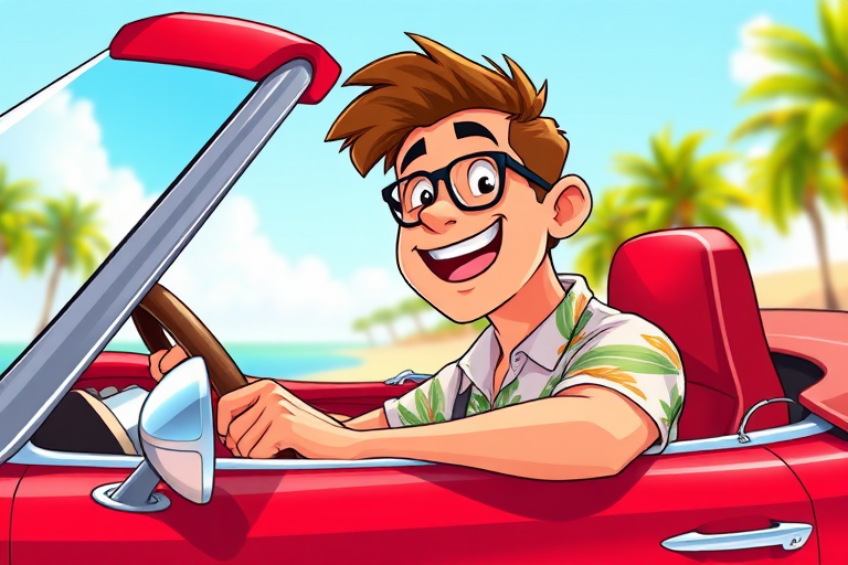 cartoon of a cheerful man driving a red convertible car with a tropical shirt, digital illustration, high resolution, 4K, 35mm lens, f/4 aperture, wide-angle view, vibrant colors, sunny background