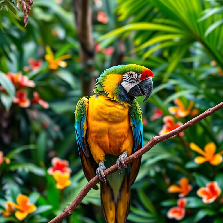 vibrant macaw parrot perched on a branch in a lush tropical rainforest with vivid foliage and colorful flowers, captured with a 50mm lens, f/2.8 aperture, ISO 200, soft natural lighting for enhanced color saturation and depth of field, shot in high-resolution DSLR format