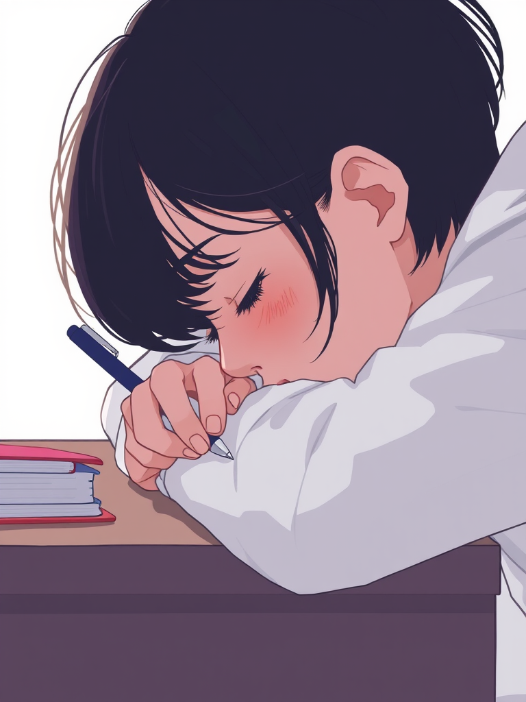 Create an illustration of a person resting their head on a desk with a pen in hand, using soft pastel colors, add a subtle drop shadow for depth, shot from a slightly elevated perspective, using a digital art style with high resolution settings.