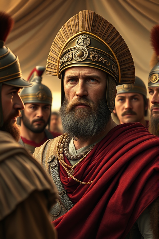 highly detailed digital painting of a Roman general surrounded by advisors in a tent, natural lighting, 50mm lens, f/1.8 aperture, focus on the general's face with shallow depth of field, shot with a full-frame DSLR camera, high resolution, realistic textures and colors, historical attire and accessories detailed