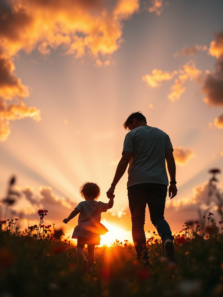 Capture a silhouette of a parent and child holding hands while walking through a field of flowers at sunset, with vibrant clouds and sun rays illuminating the scene, shot with a Canon EOS R5, 50mm lens, f/1.8 aperture, ISO 200, and a low-angle perspective to emphasize the dramatic sky.