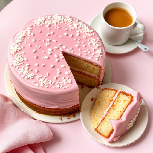 A beautifully decorated round pink cake with a smooth icing topped with white sprinkles and a slice removed, served on a pastel table setting with a cup of coffee and a plate that holds the slice of cake.