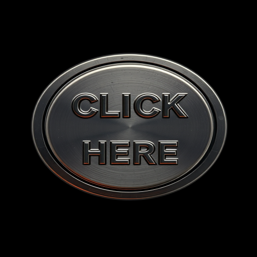 Create a highly detailed, high-resolution image of a glossy metallic button with the text "CLICK HERE" embossed on it, using a Canon EOS R5 camera, 50mm lens, f/2.8 aperture, 1/125s shutter speed, ISO 100, with a clean black background and soft studio lighting for an engaging effect.
