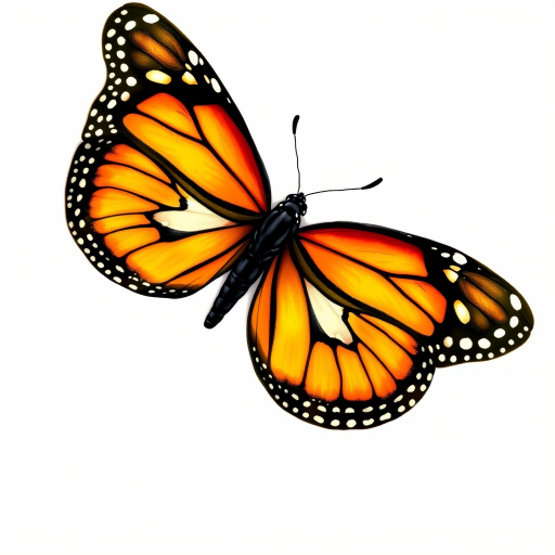 Create a realistic illustration of a monarch butterfly with vibrant orange and black wings, showcasing intricate patterns and details. The butterfly should be depicted in mid-flight against a plain white background to highlight its beauty.