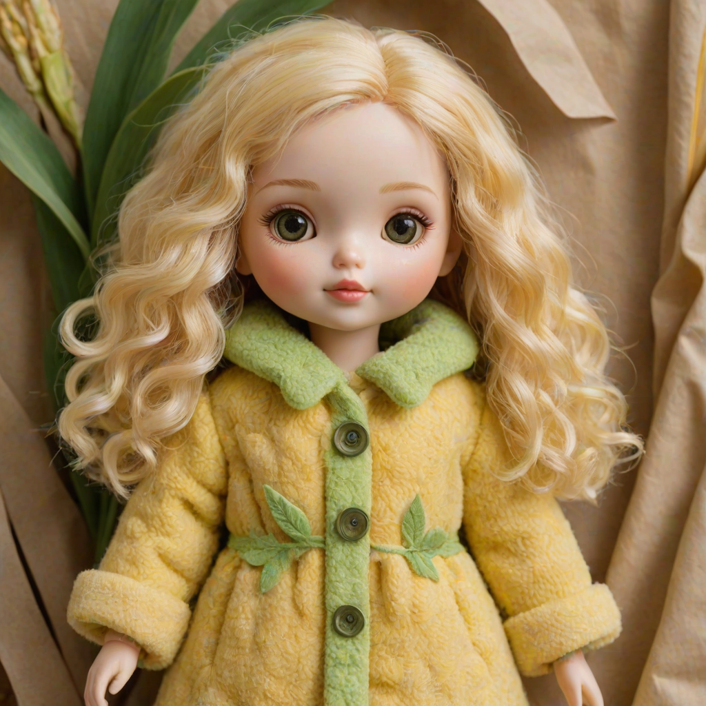 A cute doll resembling a *cereal*, dressed in a fluffy yellow coat that mimics the texture of corn kernels. The doll has soft, closed eyes and light blonde hair, adorned with green leaves and a yellow button at the collar. The background is a soft beige to complement the colors of the doll, and the overall style is whimsical and pastel, emphasizing a cozy, huggable appearance.