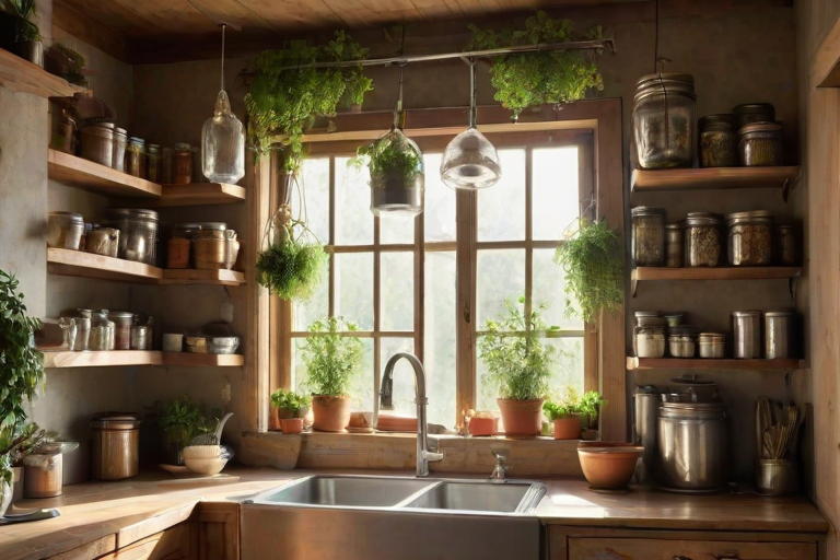 Warmly lit photo of a rustic kitchen filled with fresh herbs hanging from the ceiling, wooden shelves lined with jars, and soft sunlight pouring in from a window above the sink.