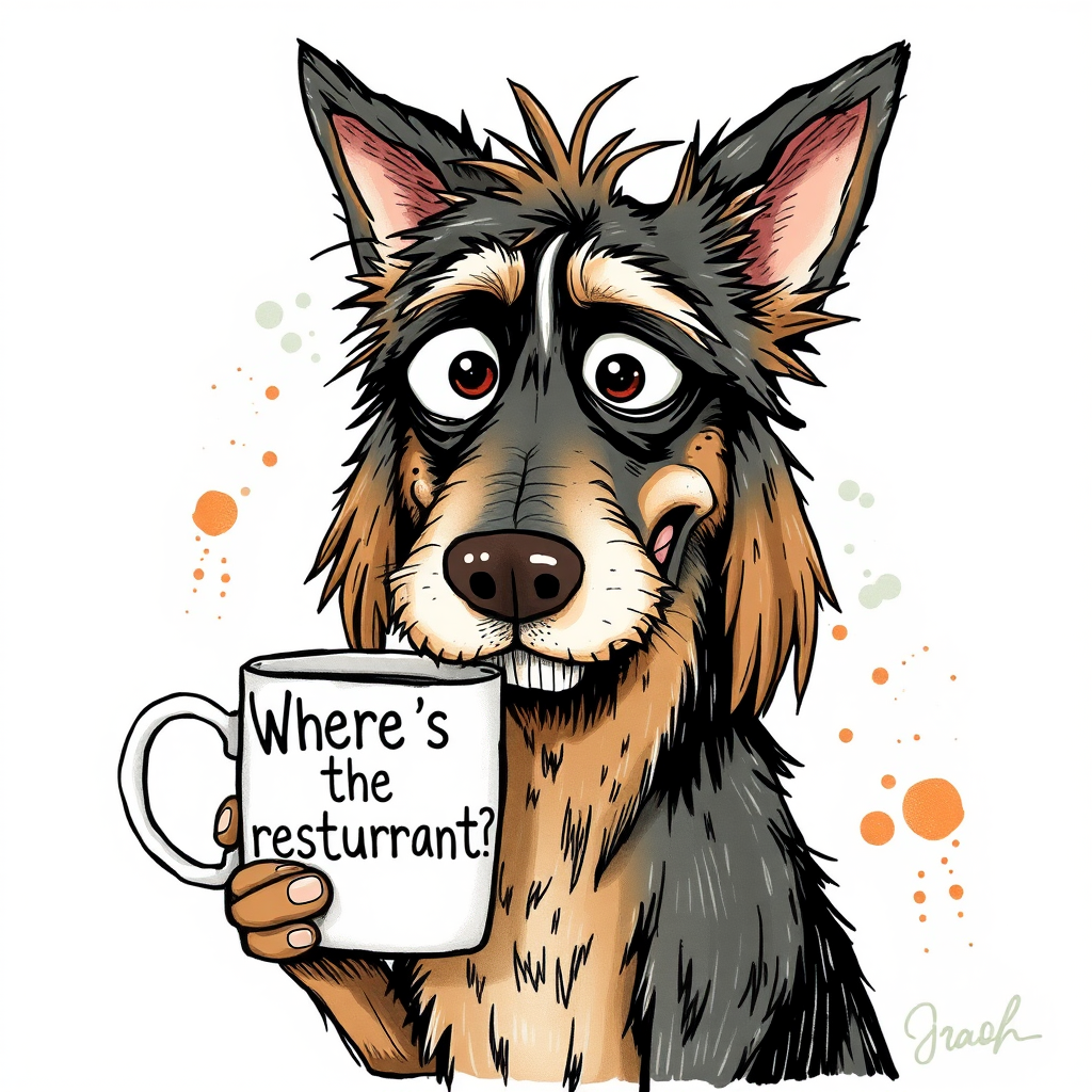 A quirky, artistic illustration of a disheveled greater swiss mountain dog with exaggerated, large eyes and spiky fur, holding a coffee mug that reads "Where's the restaurant?". The dog has a tired but humorous expression, with Copper ink splatters