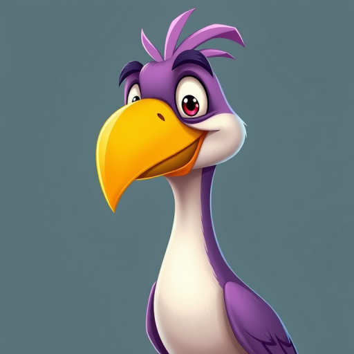 Create a cartoon-style illustration of a playful, exaggerated bird with a large yellow beak and purple feathers, capturing a light-hearted expression, using a high-resolution digital camera with a 50mm lens, f/8 aperture, ISO 100, and soft lighting to enhance colors and details.