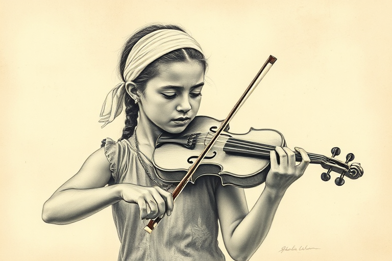 a young Torres Strait Islander woman with a white headband playing a violin, in the style of a charcoal drawing, sepia grunge background