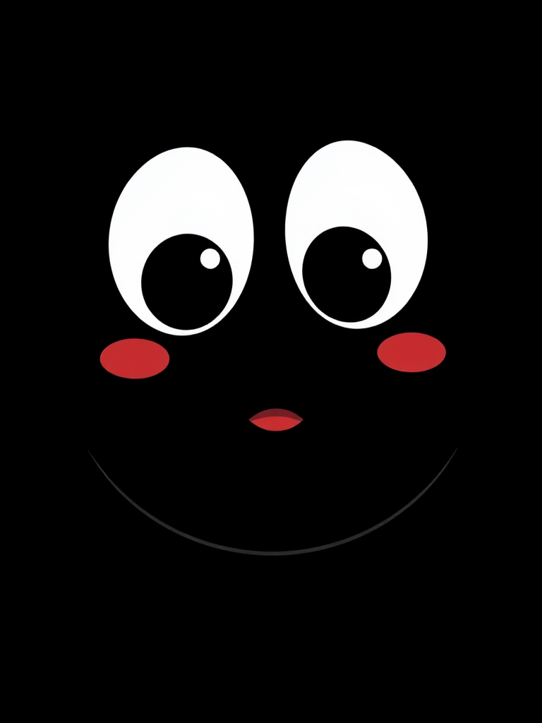 Create a simple, cartoon-like illustration of a black, round character with large white googly eyes and a small, shiny mouth highlighting a playful expression, captured with a DSLR camera at f/2.8 aperture, 50mm lens, and ISO 100 for enhanced clarity and vividness.