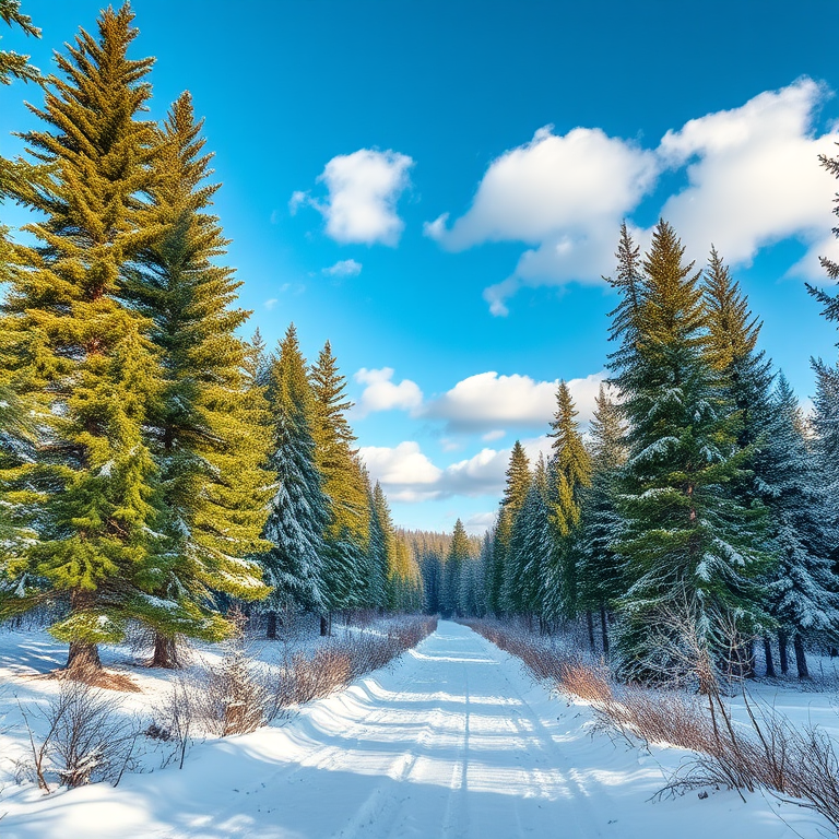 generate a high-resolution winter landscape image featuring a snowy forest trail surrounded by tall evergreen trees, bright blue sky with fluffy clouds, captured with a Canon EOS R5 at 24mm f/8 ISO 100, using a wide-angle lens and natural lighting for enhanced detail and vibrant colors