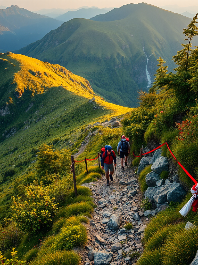 scenic mountain trail with hikers, vibrant greenery, rocky path, golden hour lighting, 24mm lens, f/8 aperture, ISO 200, shallow depth of field, DSLR camera