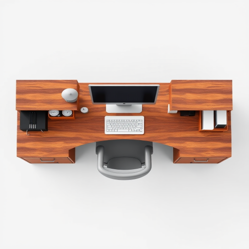 Create a highly detailed 3D render of a modern office desk with two filing cabinets on each side, top-down view, using a DSLR camera set to f/8 aperture, ISO 100, shutter speed 1/60 sec, in natural lighting, focusing on the texture and finish of the wood and metal components.
