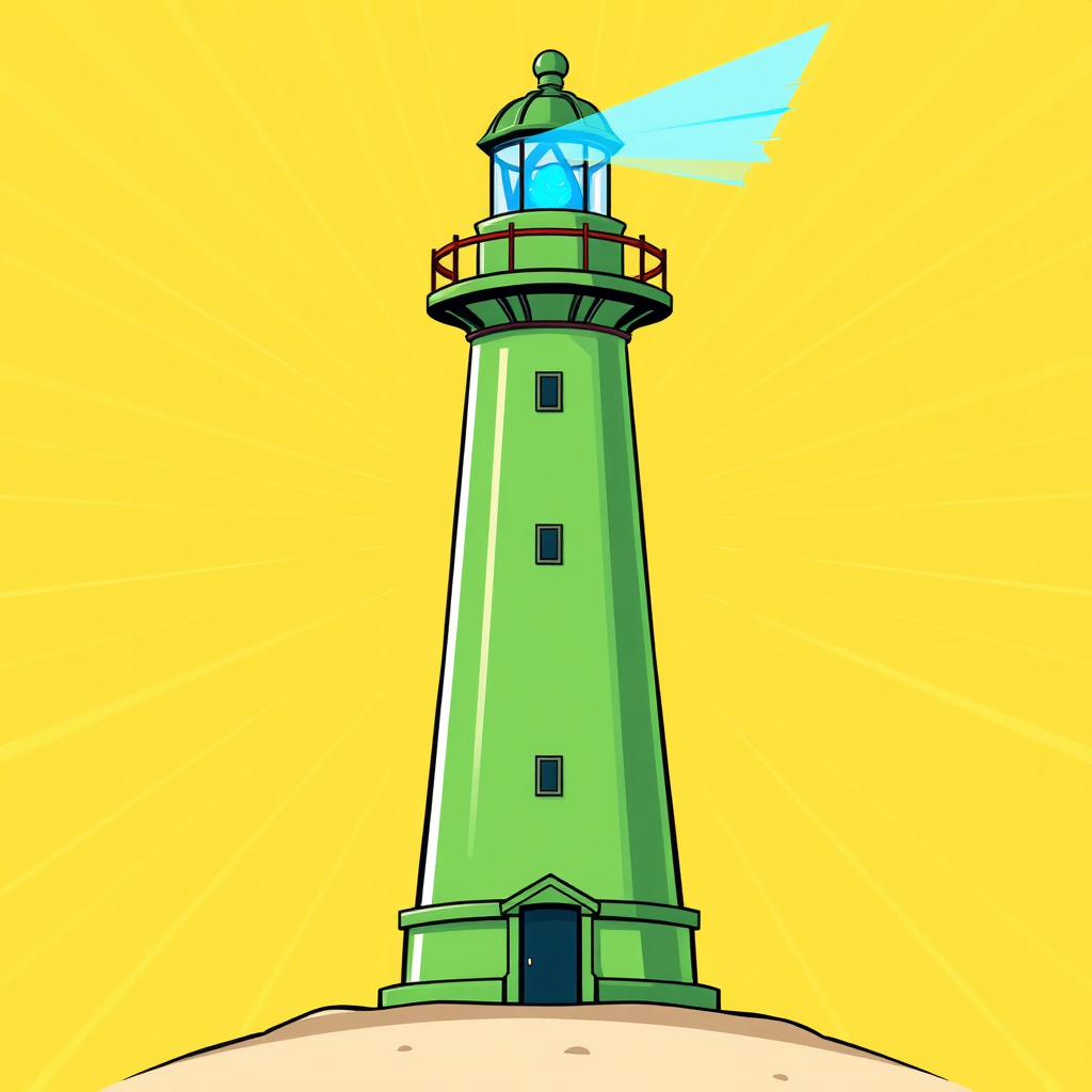 Create a vibrant, cartoon-style illustration of a tall green lighthouse with a blue light at the top, set against a bright yellow starburst background, captured with a DSLR camera, f/5.6 aperture, 24mm lens, in natural light for enhanced color saturation and clarity.