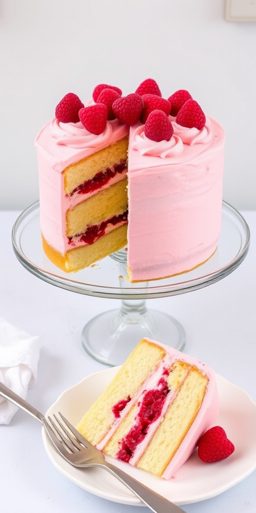 A beautifully layered cake with yellow sponge layers and raspberry filling topped with pink frosting and fresh raspberries on a glass cake stand with a slice on a white plate and a fork beside it