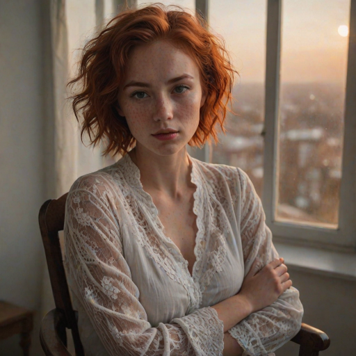 young woman, short messy red hair, light freckles, beautiful face, wearing a loose white cotton lace shirt ,  portrait photo,  posing for a picture in a chair with her hands in her lap, Ayshia Ta k n, parted lips, round cleavage, collarbone, bare shoulders, natural light, a portrait, art nouveau, sunset light through a window, darkly lit, shadows across face