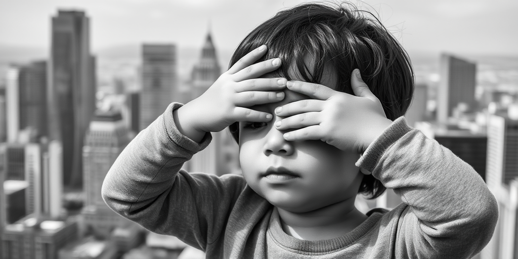 Capture a black and white image of a young child covering their eyes with an urban skyline in the background, shooting with a Canon EOS 5D Mark IV, 50mm lens, aperture f/4, ISO 100, and a shallow depth of field to emphasize the child against the detailed cityscape.