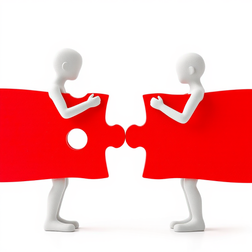 create an image of two stylized human figures, one on each side, working together to connect large red puzzle pieces, with a plain white background, captured with a Canon EOS R5, 50mm lens, aperture f/2.8, ISO 100, using a high-key lighting style for a bright and clean look
