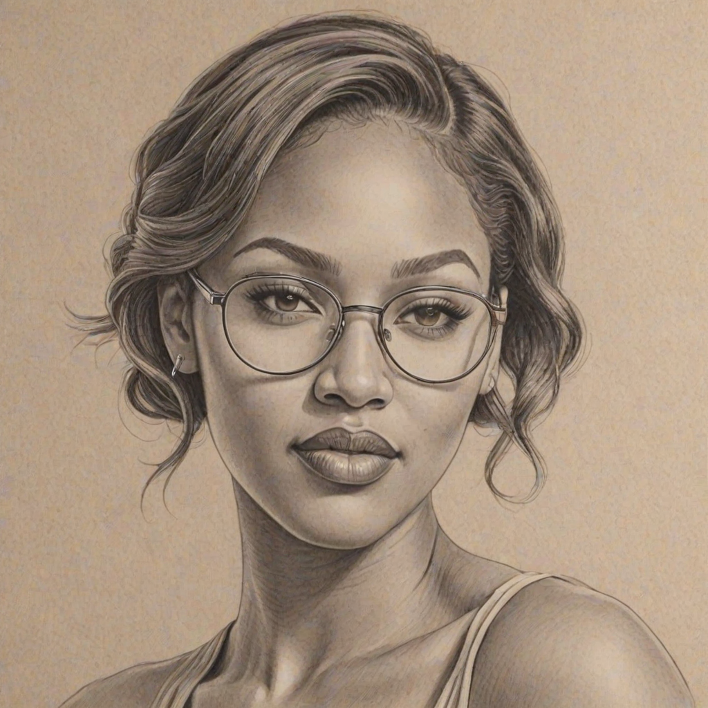 Wonderful Meagan Good, pencil sketch, portrait of Alluring woman 1934s in glasses, hair style beatnik, outline, clear lines, fine lines, 8k