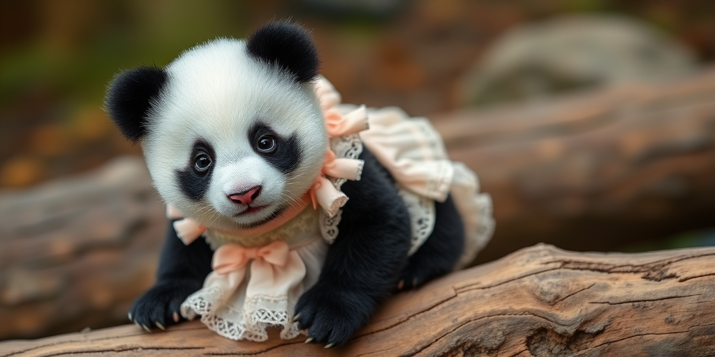 This high-resolution photograph captures a charming panda named Huahua, depicted with her distinctive black and white fur, sitting on a wooden log. Huahua is dressed in an adorable pastel-colored dress adorned with delicate frills and bows, adding a touch of whimsy to her natural charm. The dress is detailed with intricate patterns and soft textures, creating a lifelike contrast to her fluffy fur.