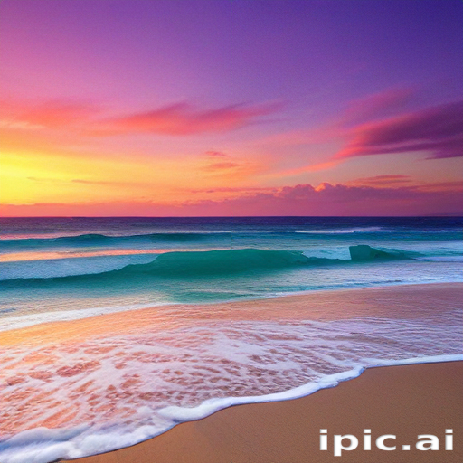 Serene Sunset Over Calm Ocean Waves and Sandy Beach Shoreline