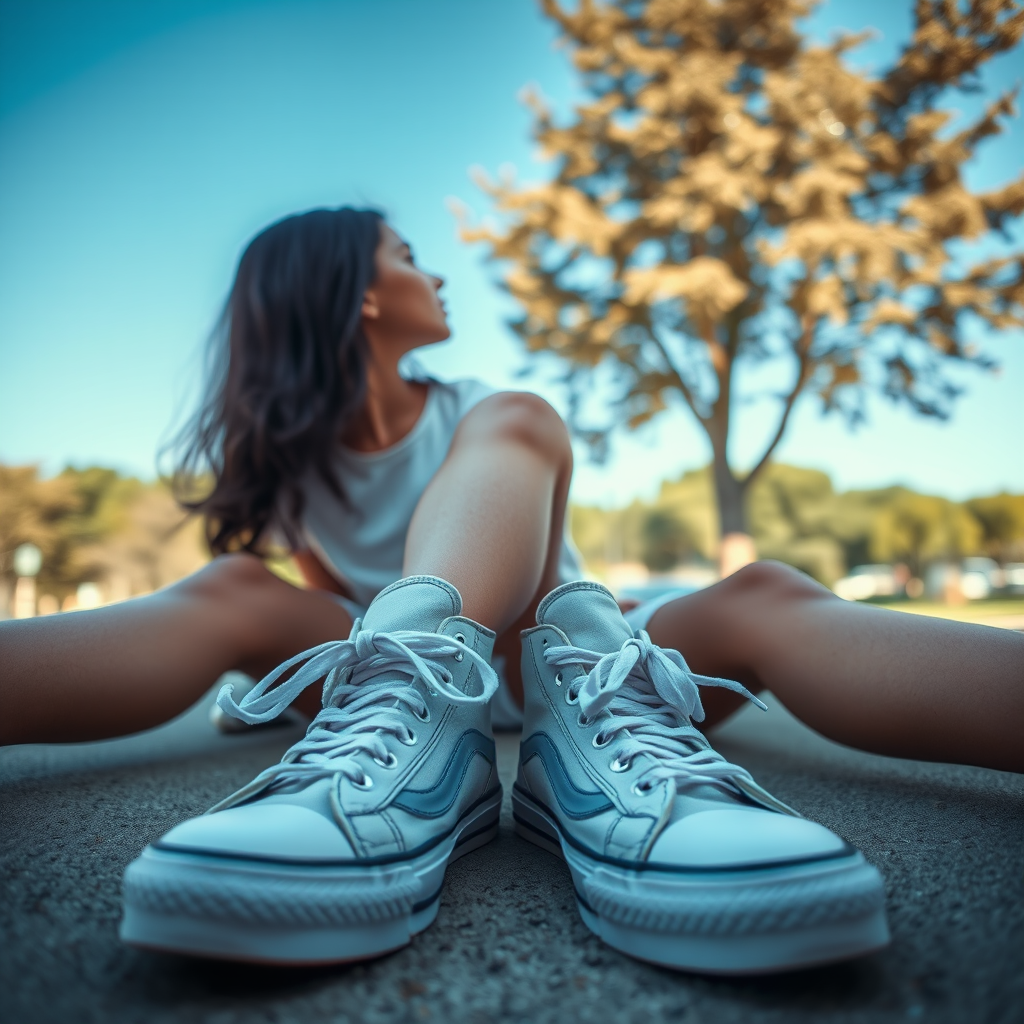 Generate an ultra-realistic, highly detailed, high-definition photograph. It's a photo of a girl sitting on the floor. She's looking at the horizon. The photo is taken from the bottom up, at ground level. The girl's sneakers are in the foreground, in the center of the scene. The girl is wearing light clothes, a t-shirt and short shorts. The sky is blue. Bright environment. The background is a blurred image of a park.