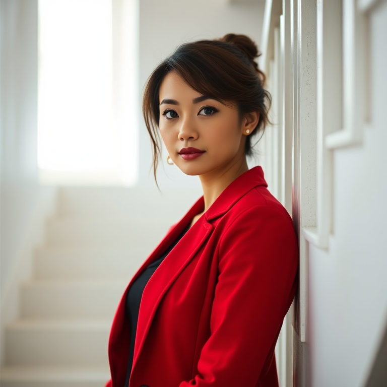Regenerate a portrait of a woman in a red blazer leaning against a white staircase, natural light, aperture f/2.8, ISO 200, 50mm lens, DSLR camera, shallow depth of field, soft focus background.